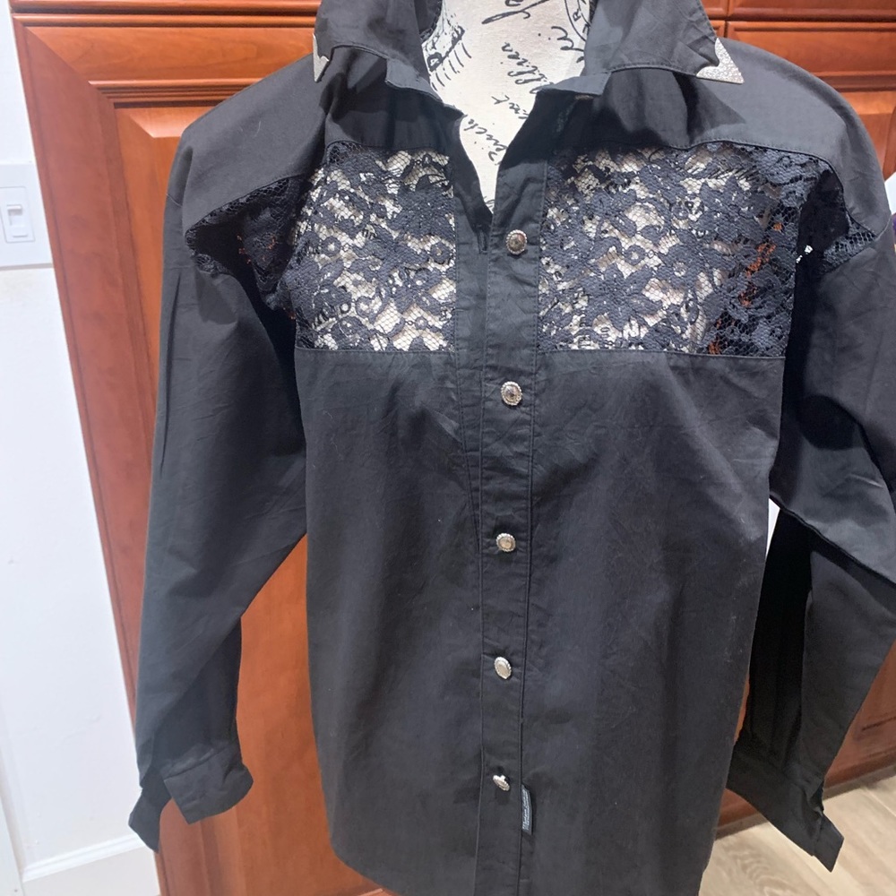 Vintage Black cotton and lace ladies western wear blouse